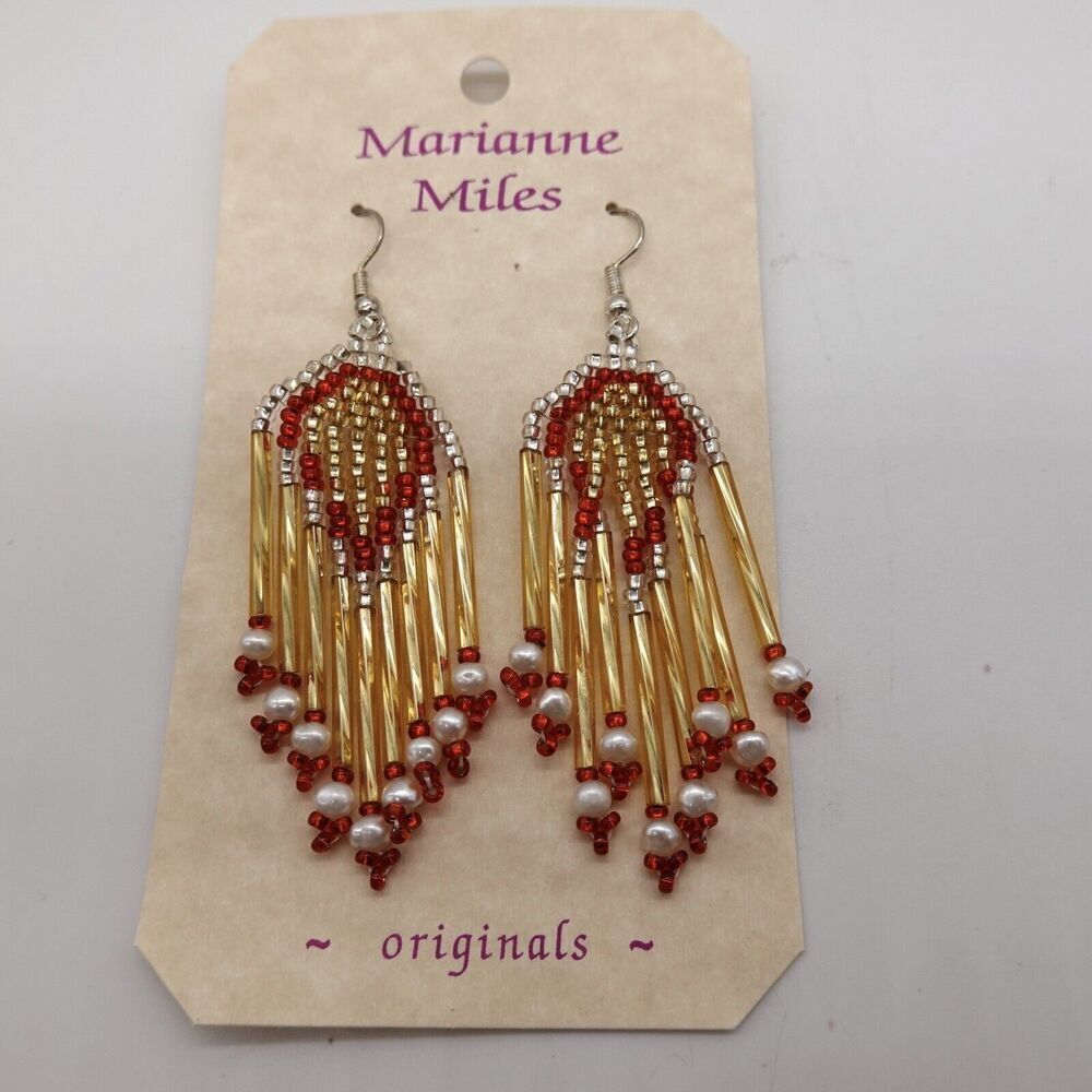 Handmade Native American Style Beaded Tassel Earrings By Marianne Miles Red Gold